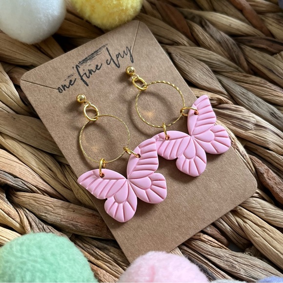 Butterfly Clay Dangle Earrings in Pastel Pink - Picture 3 of 7